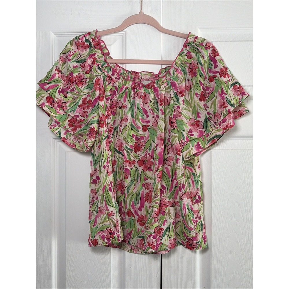 Chenault Floral Flutter Sleeve Blouse Womens Size M Pink Green Watercolor Top